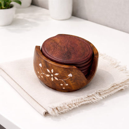 Rosewood Wooden Serving Tray with Matching Coaster (Set of 6) | The Indian Aura