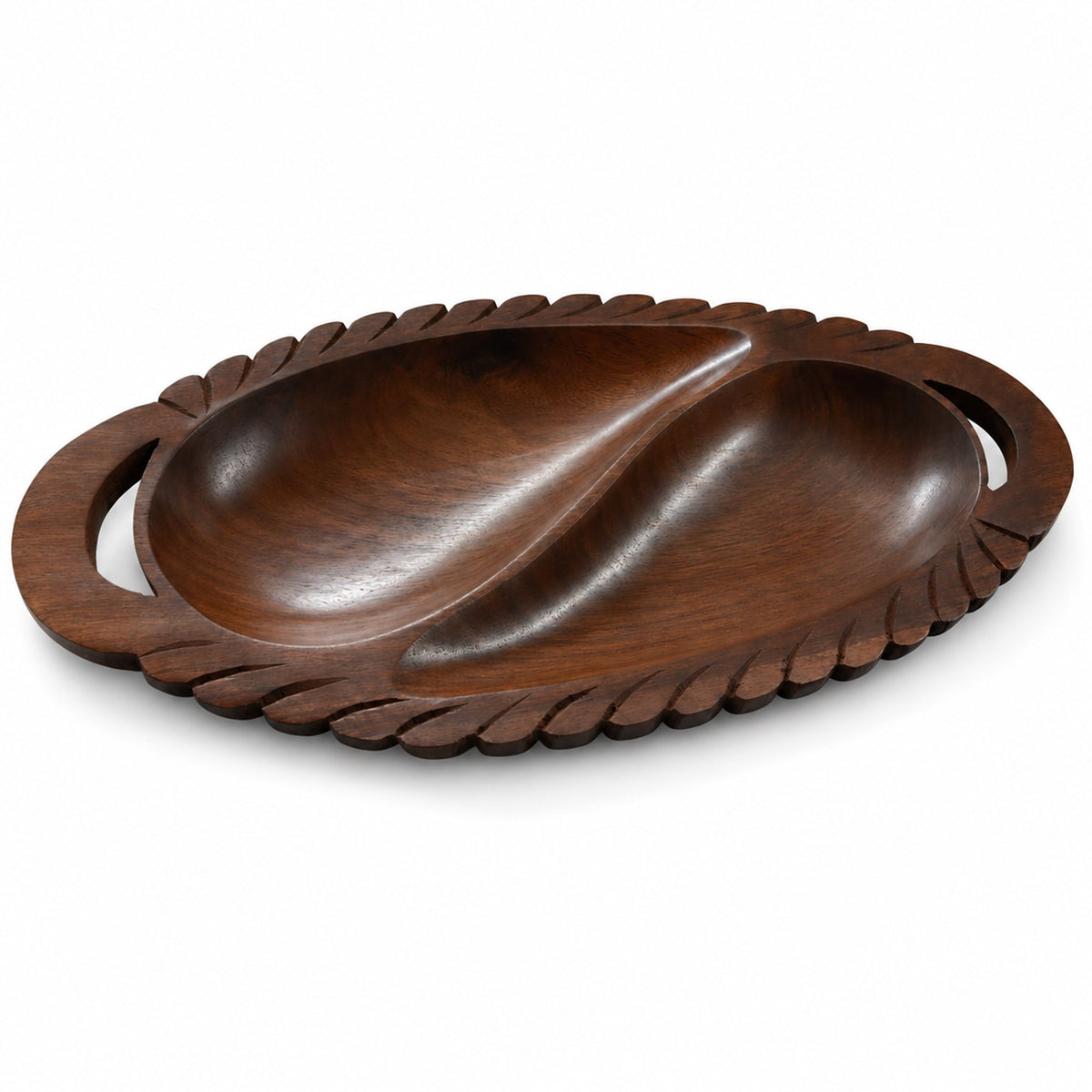 Wooden 2-Compartment Serving Tray with Handles – Handcrafted Divided Platter for Dry Fruits, Snacks, Nuts & Cookies, Sheesham Wood Decorative Serving Dish | Ideal Housewarming & Diwali Gift