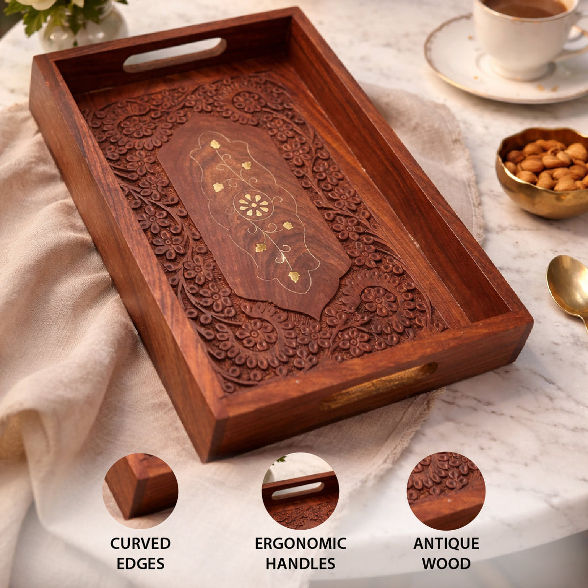 Wooden Serving Tray with 4 Matching Glass Set | The Indian Aura