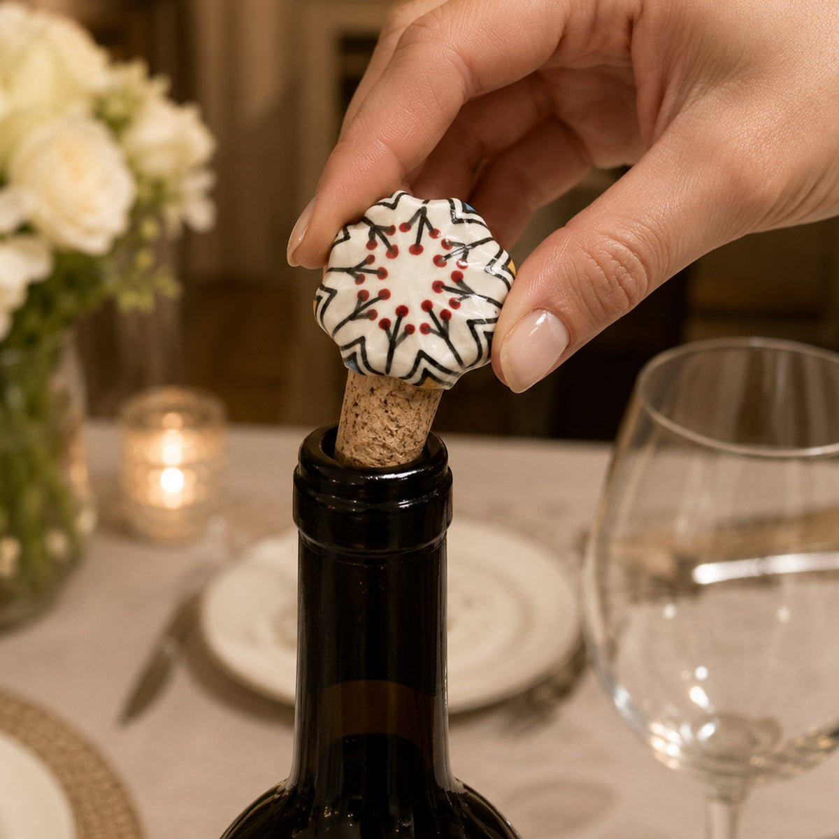 Ceramic Wine Bottle Stopper with Cork – Handcrafted Hand-Painted Red Berry Floral Wine Stopper, Airtight Bottle Sealer for Wine & Bar | Decorative Wine Saver, Ideal Gift for Wine Lovers, Made in India