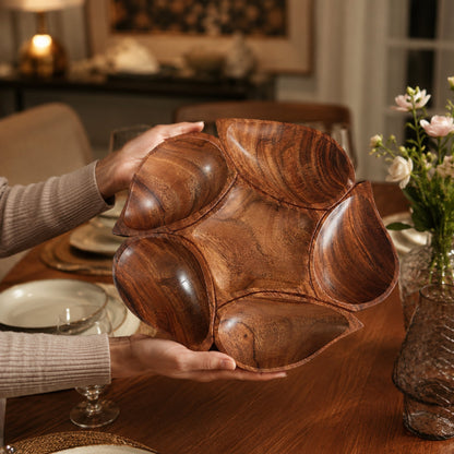 Flower Shaped Wooden Serving Platter with 6 Compartments – Handcrafted Sheesham Wood Divided Tray for Dry Fruits, Snacks, Nuts & Cookies, Decorative Serving Dish | Ideal Housewarming & Diwali Gift