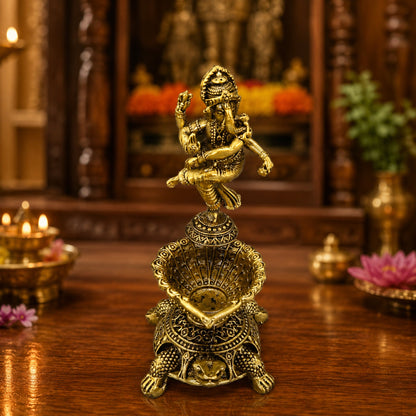 Pure Brass Dancing Ganesha Diya Oil Lamp Holder | Antique Gold Finish, Diya, Vastu Show piece, Puja Room Decor