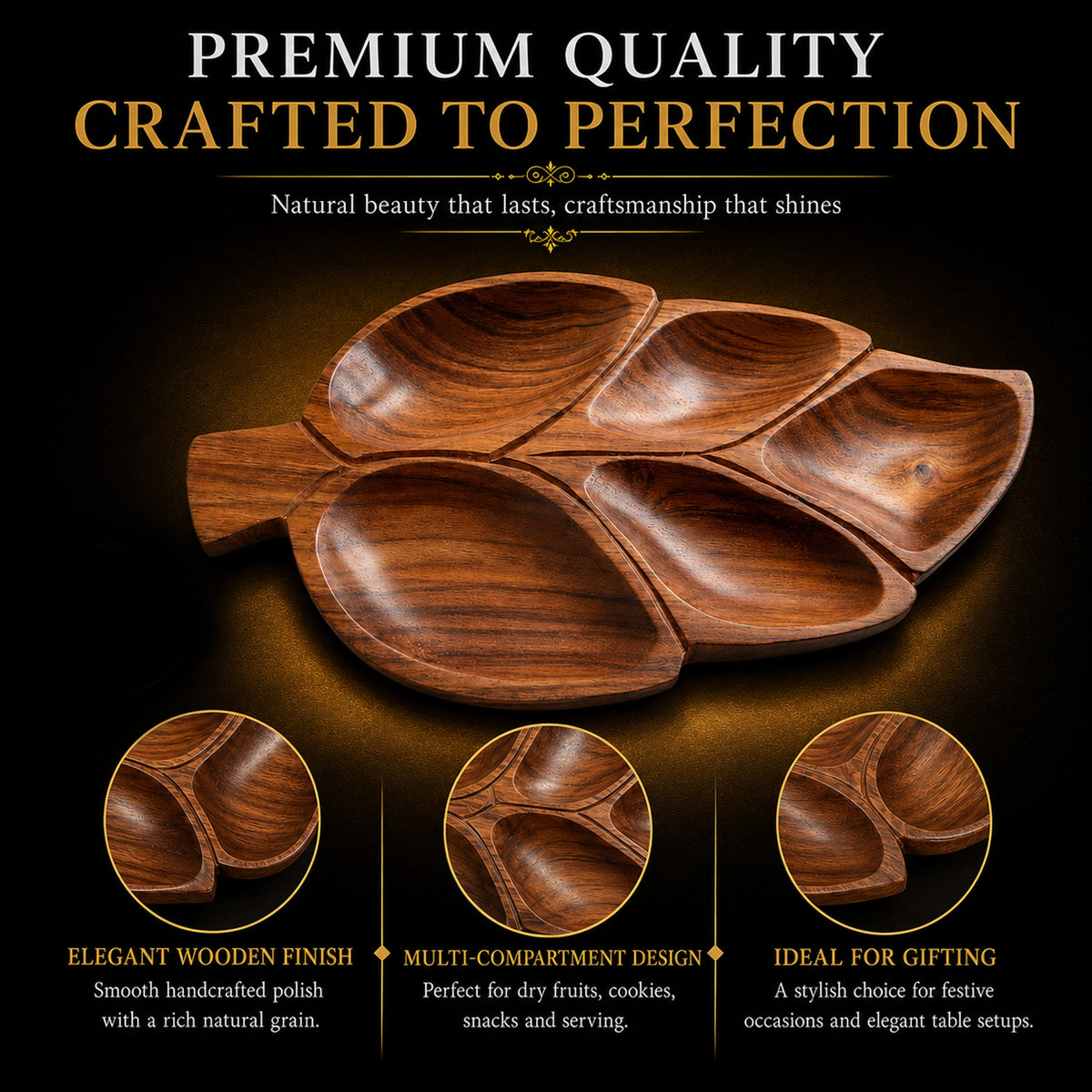 Leaf Shaped Wooden Serving Platter with 5 Compartments – Handcrafted Sheesham Wood Divided Tray for Dry Fruits, Snacks, Nuts & Cookies, Decorative Serving Dish | Ideal Housewarming & Diwali Gift