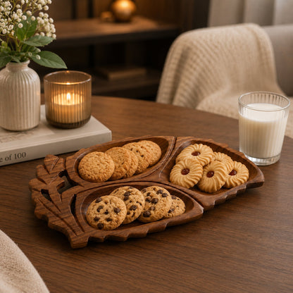Leaf Shaped Wooden Serving Platter with 3 Compartments – Handcrafted Sheesham Wood Divided Tray for Dry Fruits, Snacks, Nuts & Cookies, Decorative Serving Dish | Ideal Housewarming & Diwali Gift