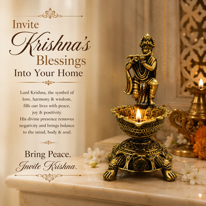 Brass Diya Oil Lamp with Turtle Base for Pooja Room, Mandir, Home Temple Décor & Spiritual Gift,Krishna Flute Player