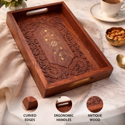 Rosewood Wooden Serving Tray with Matching Coaster (Set of 6) | The Indian Aura