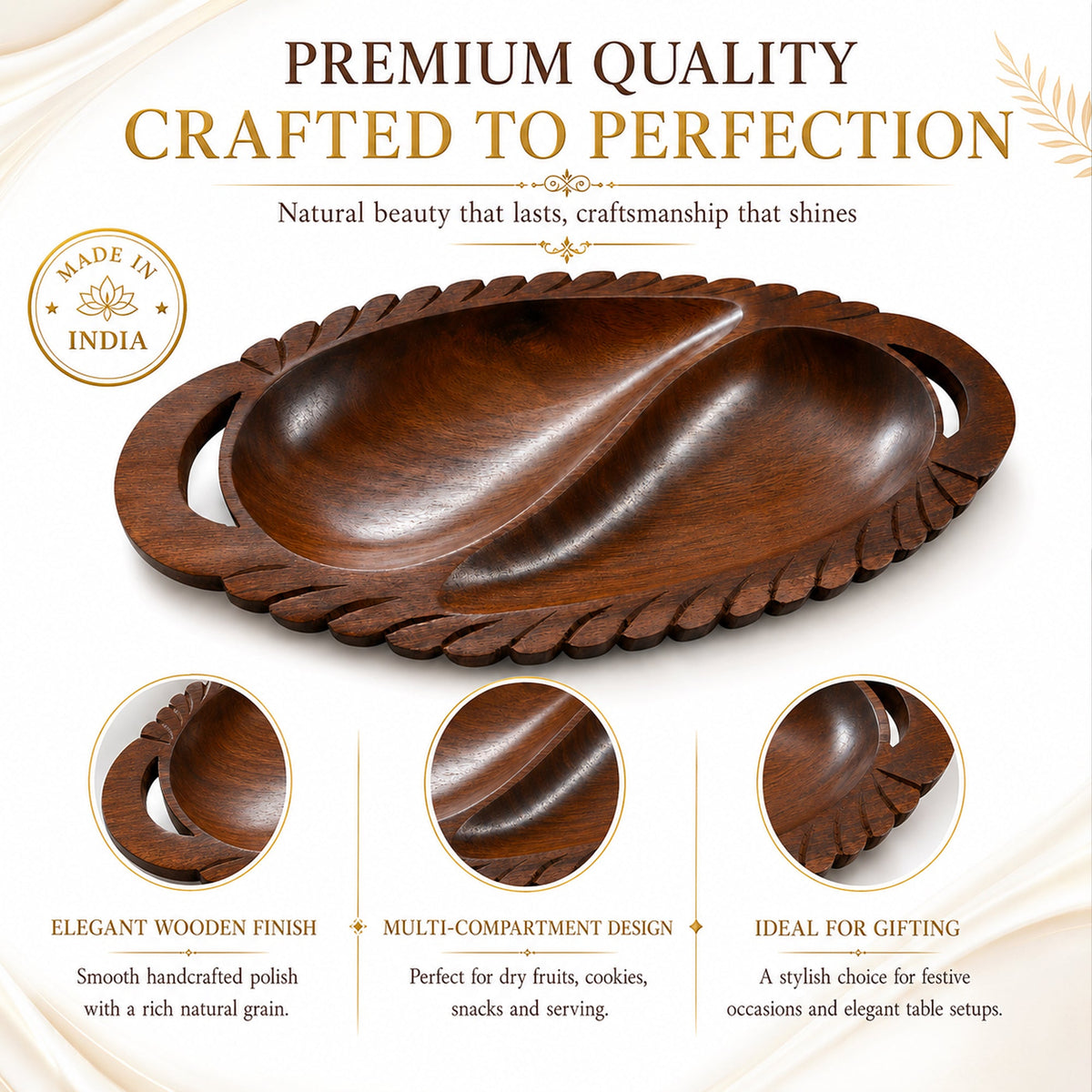 Wooden 2-Compartment Serving Tray with Handles – Handcrafted Divided Platter for Dry Fruits, Snacks, Nuts & Cookies, Sheesham Wood Decorative Serving Dish | Ideal Housewarming & Diwali Gift