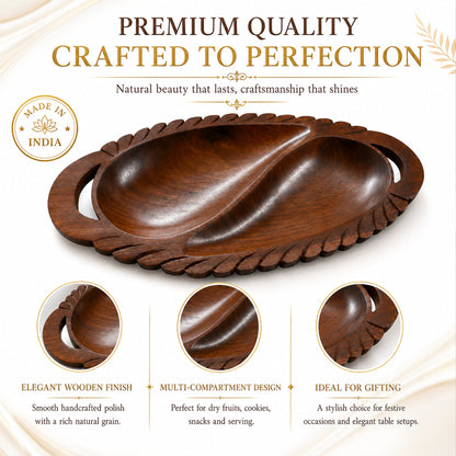 Wooden 2-Compartment Serving Tray with Handles – Handcrafted Divided Platter for Dry Fruits, Snacks, Nuts & Cookies, Sheesham Wood Decorative Serving Dish | Ideal Housewarming & Diwali Gift