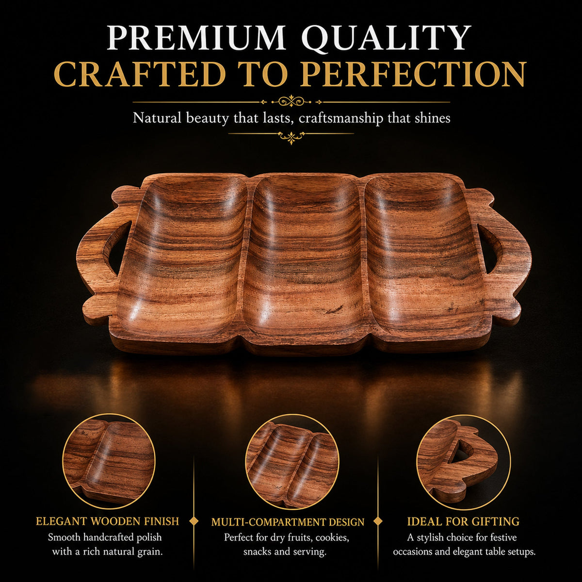 Wooden 3-Compartment Serving Tray with Handles – Handcrafted Sheesham Wood Divided Platter for Dry Fruits, Snacks, Nuts & Cookies, Decorative Serving Dish | Ideal Housewarming & Diwali Gift