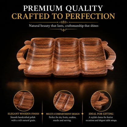 Wooden 3-Compartment Serving Tray with Handles – Handcrafted Sheesham Wood Divided Platter for Dry Fruits, Snacks, Nuts & Cookies, Decorative Serving Dish | Ideal Housewarming & Diwali Gift