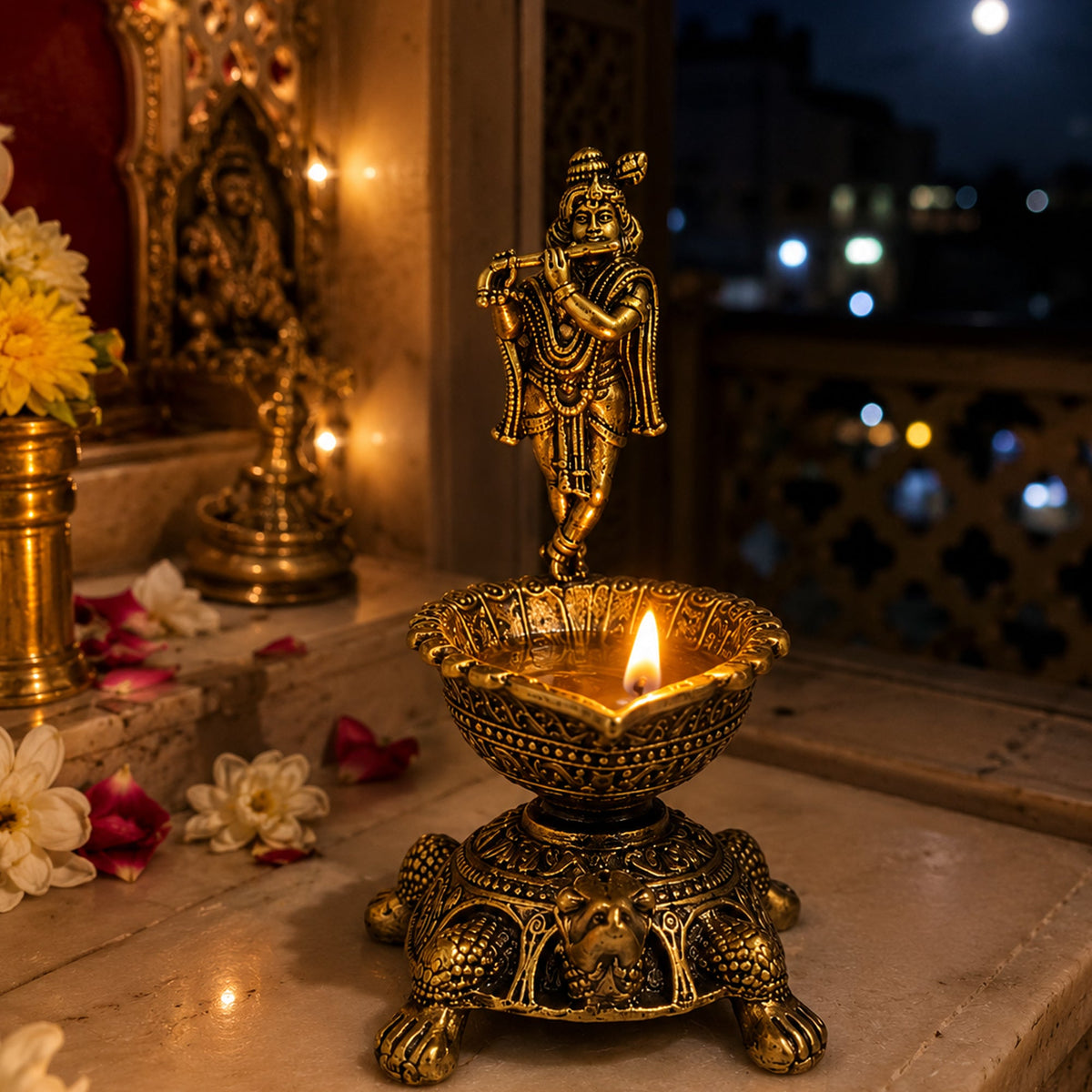 Brass Krishna Diya with Tortoise Base | Antique Finish, Pure Brass, 8.8cm Height, Pooja & Temple Decor, Deepam Oil Lamp