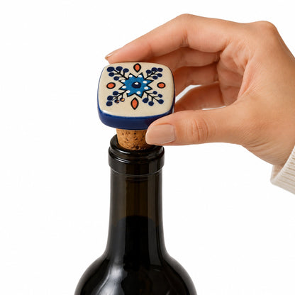 Ceramic Wine Bottle Stopper with Cork – Handcrafted Hand-Painted Reusable Wine Stopper, Airtight Bottle Sealer for Wine & Bar | Decorative Wine Saver, Ideal Gift for Wine Lovers, Made in India
