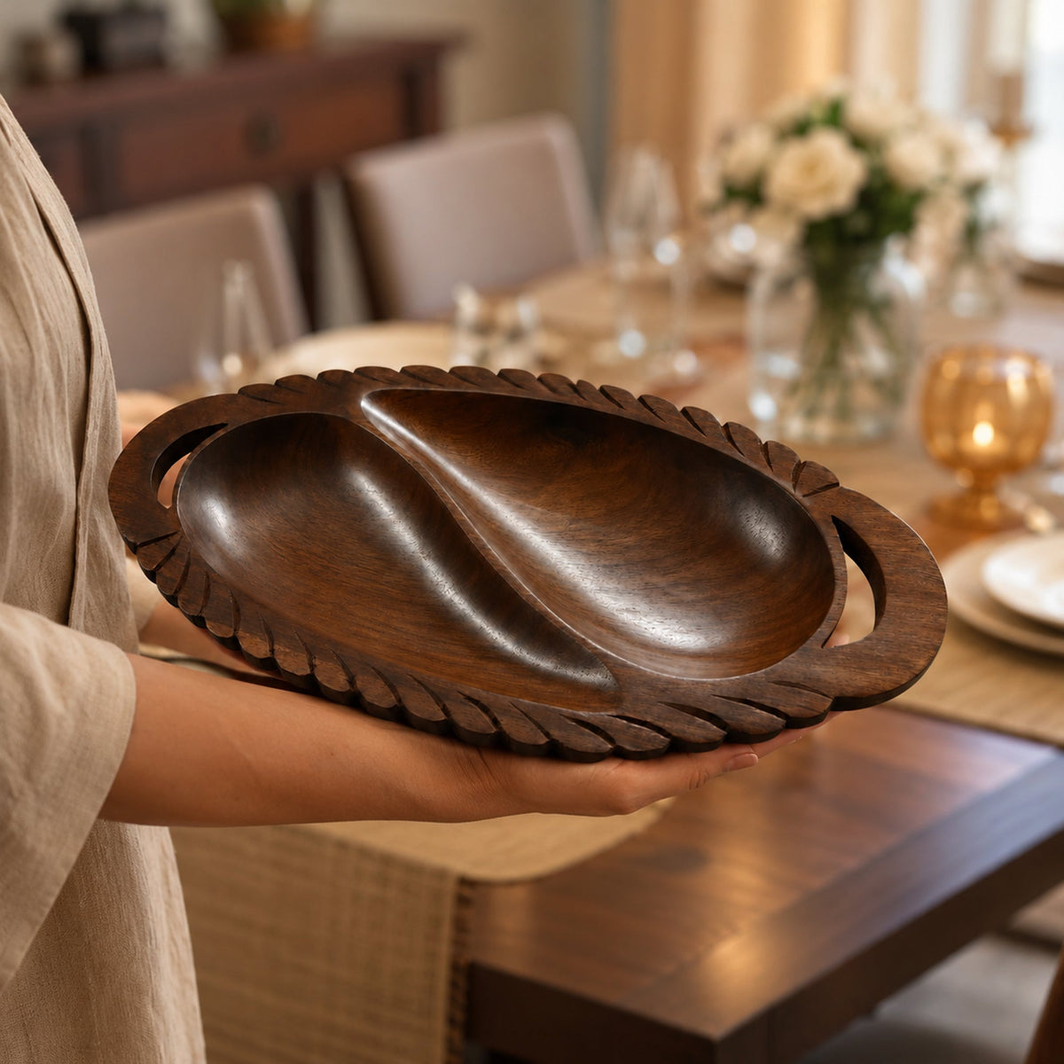 Wooden 2-Compartment Serving Tray with Handles – Handcrafted Divided Platter for Dry Fruits, Snacks, Nuts & Cookies, Sheesham Wood Decorative Serving Dish | Ideal Housewarming & Diwali Gift
