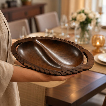 Wooden 2-Compartment Serving Tray with Handles – Handcrafted Divided Platter for Dry Fruits, Snacks, Nuts & Cookies, Sheesham Wood Decorative Serving Dish | Ideal Housewarming & Diwali Gift