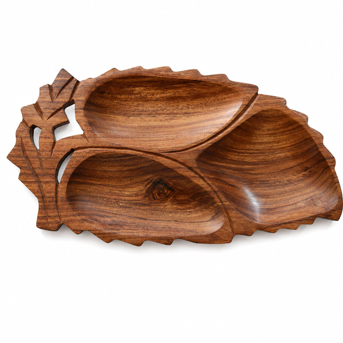 Leaf Shaped Wooden Serving Platter with 3 Compartments – Handcrafted Sheesham Wood Divided Tray for Dry Fruits, Snacks, Nuts & Cookies, Decorative Serving Dish | Ideal Housewarming & Diwali Gift