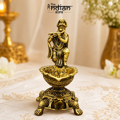 Brass Diya Oil Lamp with Turtle Base for Pooja Room, Mandir, Home Temple Décor & Spiritual Gift,Krishna Flute Player
