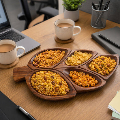 Leaf Shaped Wooden Serving Platter with 5 Compartments – Handcrafted Sheesham Wood Divided Tray for Dry Fruits, Snacks, Nuts & Cookies, Decorative Serving Dish | Ideal Housewarming & Diwali Gift