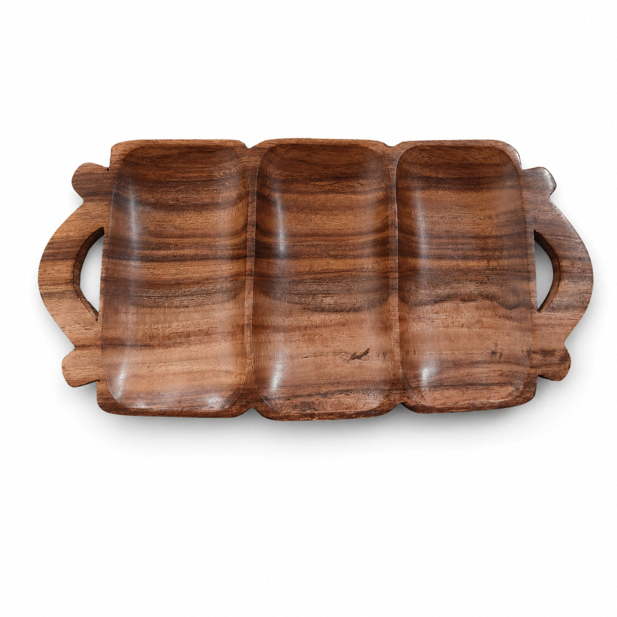 Wooden 3-Compartment Serving Tray with Handles – Handcrafted Sheesham Wood Divided Platter for Dry Fruits, Snacks, Nuts & Cookies, Decorative Serving Dish | Ideal Housewarming & Diwali Gift