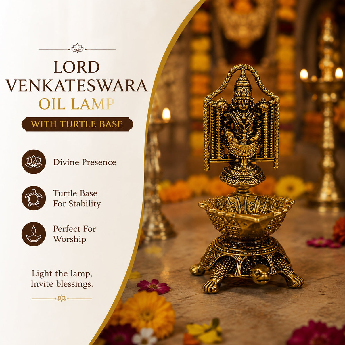 Brass Lord Venkateswara Diya with Turtle Base | Antique Finish, Pure Brass, 8.8cm Height, Pooja & Temple Decor, Deepam Oil Lamp