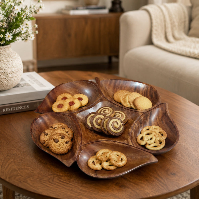 Flower Shaped Wooden Serving Platter with 6 Compartments – Handcrafted Sheesham Wood Divided Tray for Dry Fruits, Snacks, Nuts & Cookies, Decorative Serving Dish | Ideal Housewarming & Diwali Gift