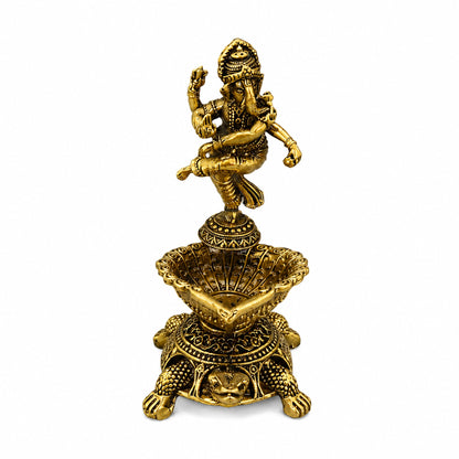 Pure Brass Dancing Ganesha Diya Oil Lamp Holder | Antique Gold Finish, Diya, Vastu Show piece, Puja Room Decor