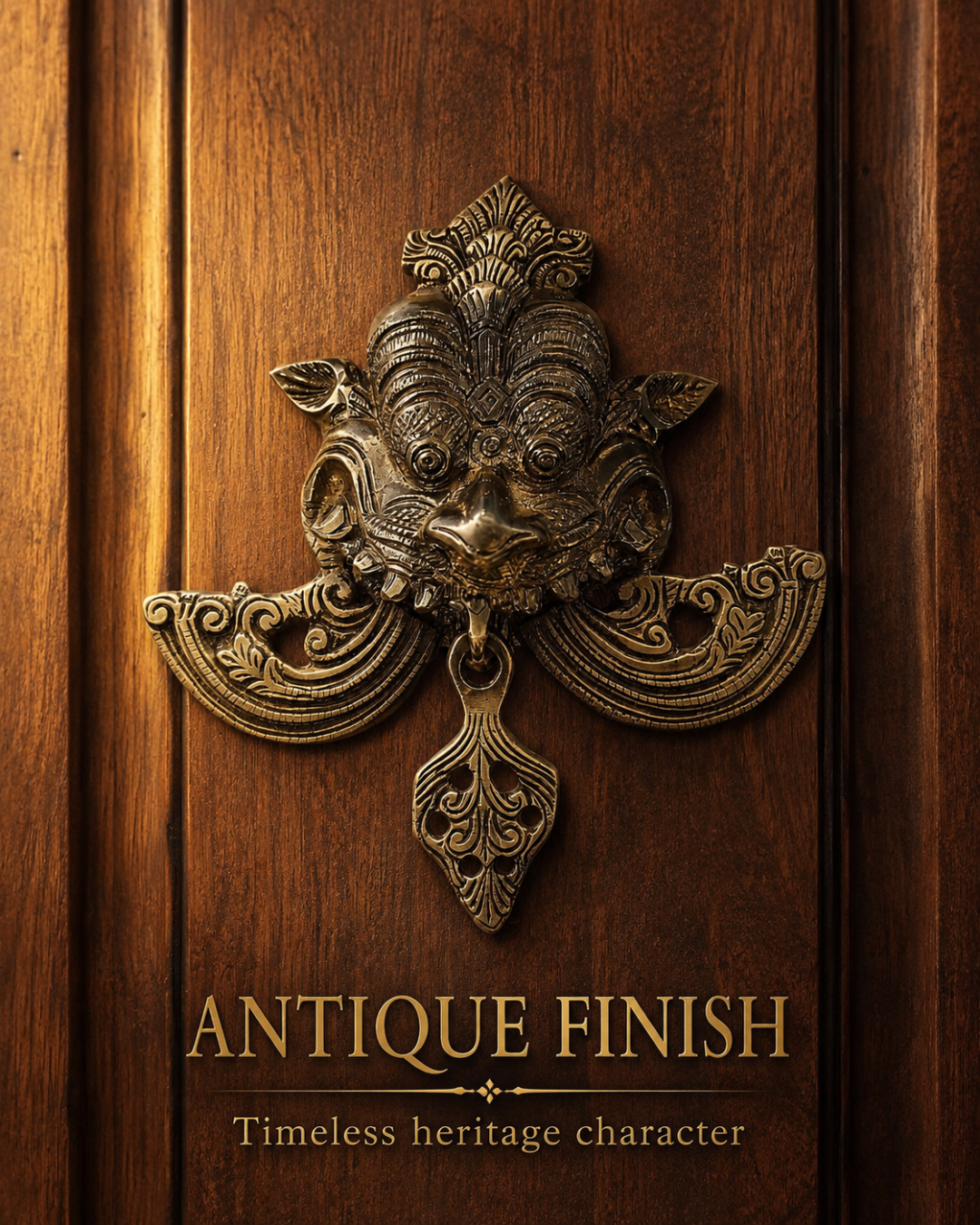 An ornate antique-style metal door knocker with a gargoyle or demon face and scrollwork, mounted on a dark brown wooden door. Gold text at the bottom reads 'ANTIQUE FINISH' with the subtitle 'Timeless heritage character'.