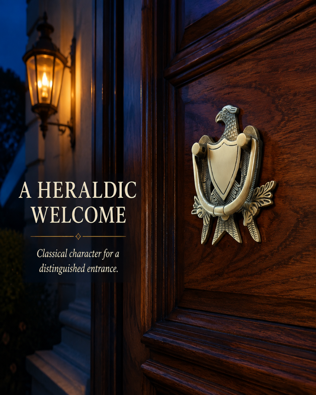 A brass heraldic welcome door knocker mounted on a dark wood door, with a warm wall lantern glowing in the background. Text on the left reads, 'A HERALDIC WELCOME' and 'Classical character for a distinguished entrance.