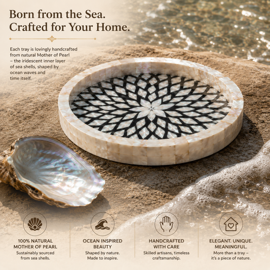 A round Mother of Pearl shell tray with a black inlay mandala pattern, set on a sandy beach with a seashell nearby. The image includes descriptive text and four feature icons at the bottom.