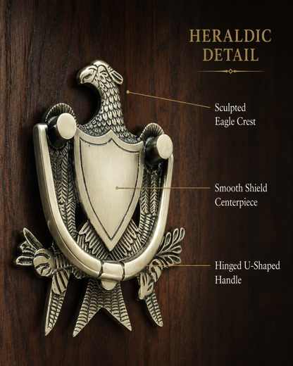 An antique-style metal heraldic door knocker with a sculpted eagle crest and shield centerpiece, shown mounted on a dark wood background with callout labels reading 'Heraldic Detail,' 'Sculpted Eagle Crest,' 'Smooth Shield Centerpiece,' and 'Hinged U-Shaped Handle.'.