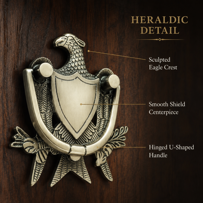 An antique-style metal heraldic door knocker with a sculpted eagle crest and shield centerpiece, shown mounted on a dark wood background with callout labels reading 'Heraldic Detail,' 'Sculpted Eagle Crest,' 'Smooth Shield Centerpiece,' and 'Hinged U-Shaped Handle.'.