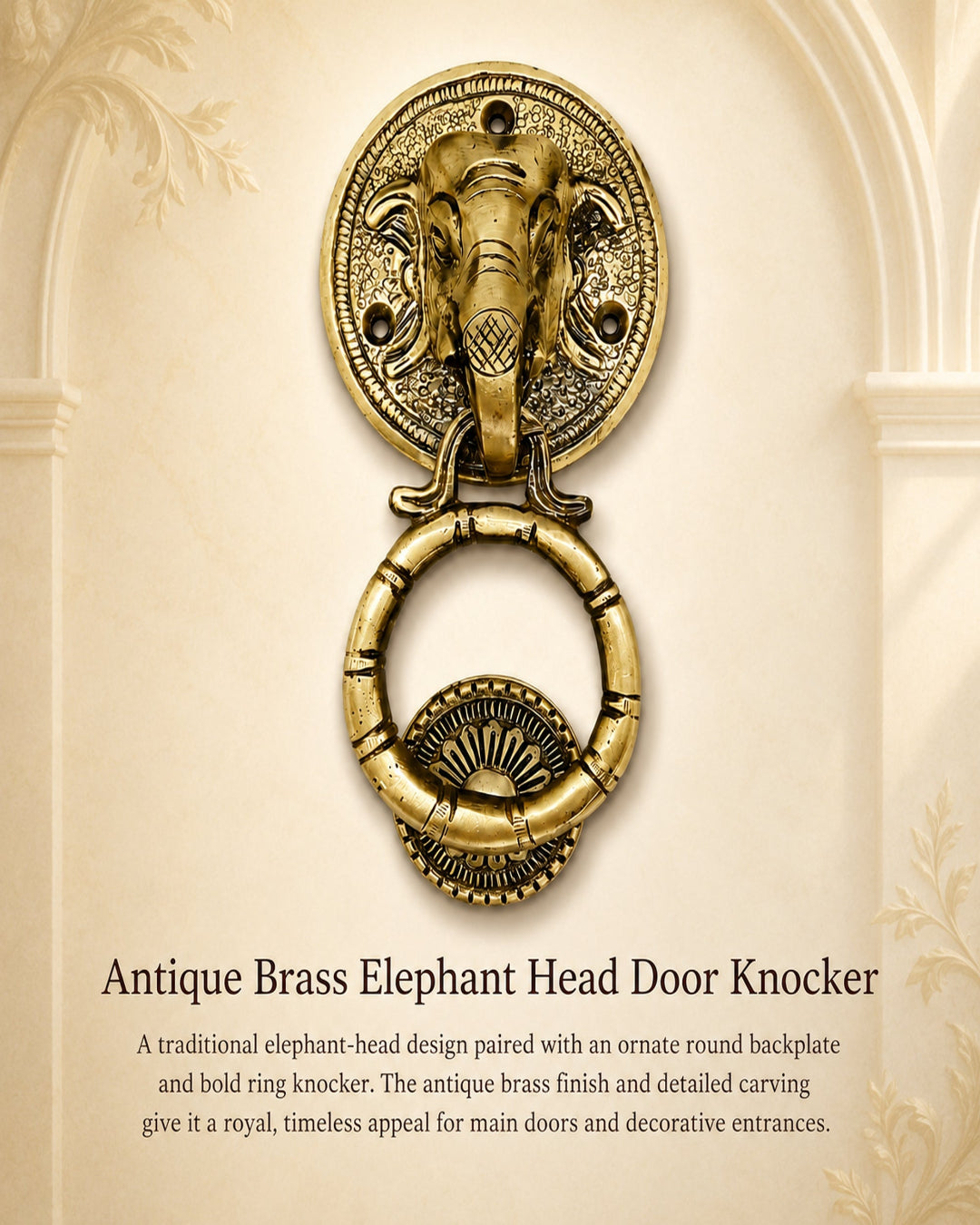 An antique brass elephant head door knocker with an ornate round backplate and ring, shown against a beige architectural background with text below reading 'Antique Brass Elephant Head Door Knocker.'.