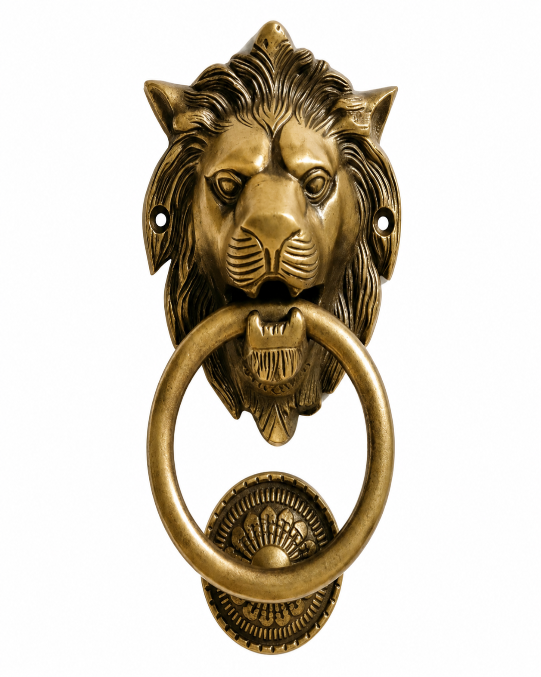 An antique brass lion head door knocker with a matching ring pull and decorative wall plate, shown against a plain white background.