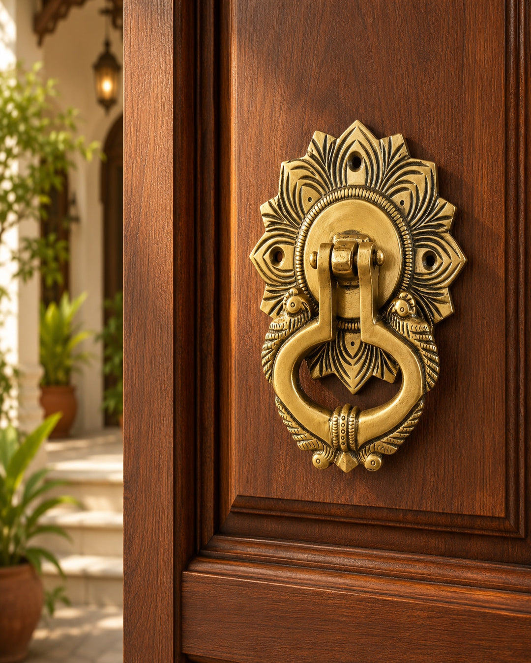 An ornate antique brass door knocker mounted on a dark brown wooden door, with a softly blurred outdoor garden entrance in the background.