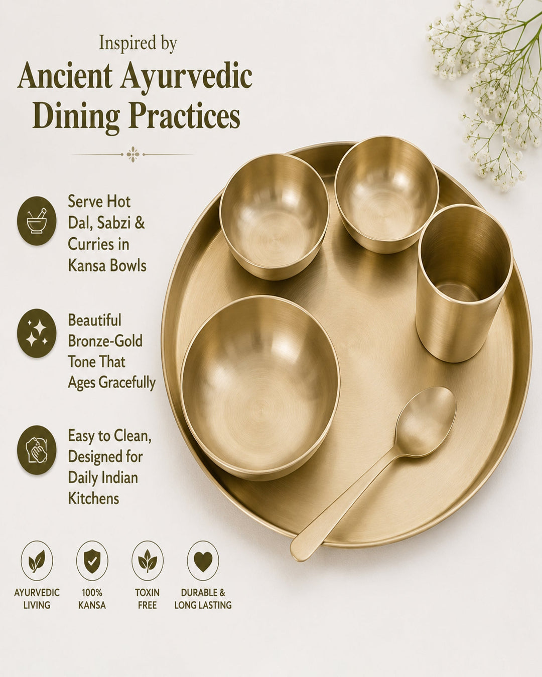 Gold dining set with bowls, cups, and a spoon on a white background, inspired by ancient Ayurvedic dining practices.
