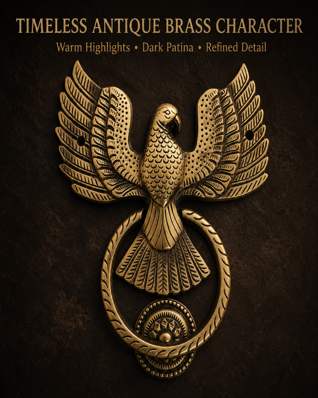 An ornate antique brass eagle emblem with wings spread over a circular ring, shown on a dark textured background with the text 'TIMELESS ANTIQUE BRASS CHARACTER' at the top.