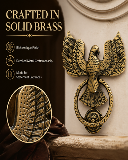 An antique-style brass eagle door knocker mounted on a stone pillar, with promotional text on the left highlighting its solid brass construction and detailed craftsmanship.