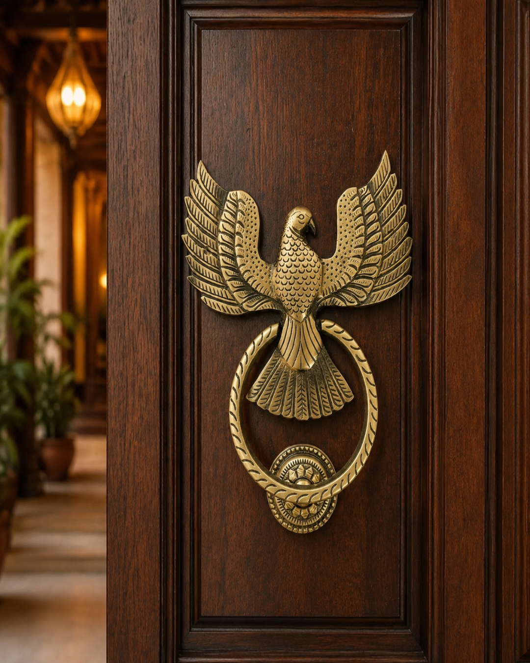 An ornate antique-style brass door knocker featuring a detailed eagle perched on a circular ring, mounted on a dark brown wooden door panel.