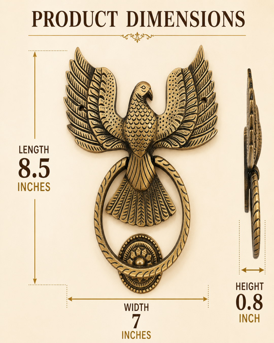 Product dimensions diagram for a decorative eagle door knocker in an antique bronze finish, showing a front view with measurements for length 8.5 inches, width 7 inches, and height 0.