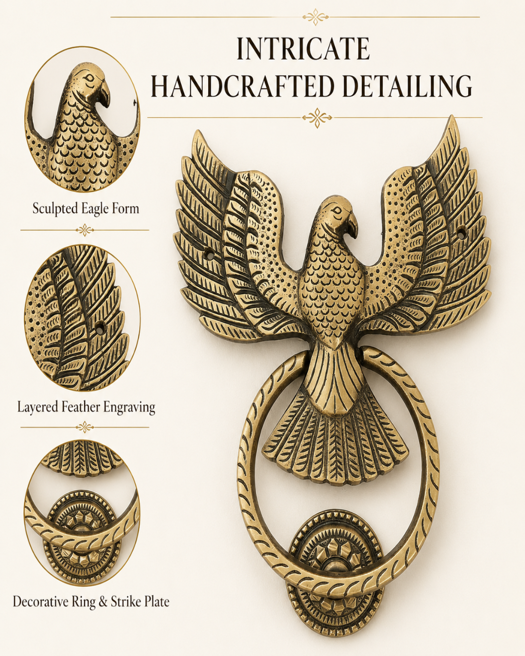 An ornate antique-style brass eagle door knocker with a ring, shown on a light beige background with descriptive text and three circular detail insets highlighting the sculpted eagle form, layered feather engraving, and decorative ring and strike plate.