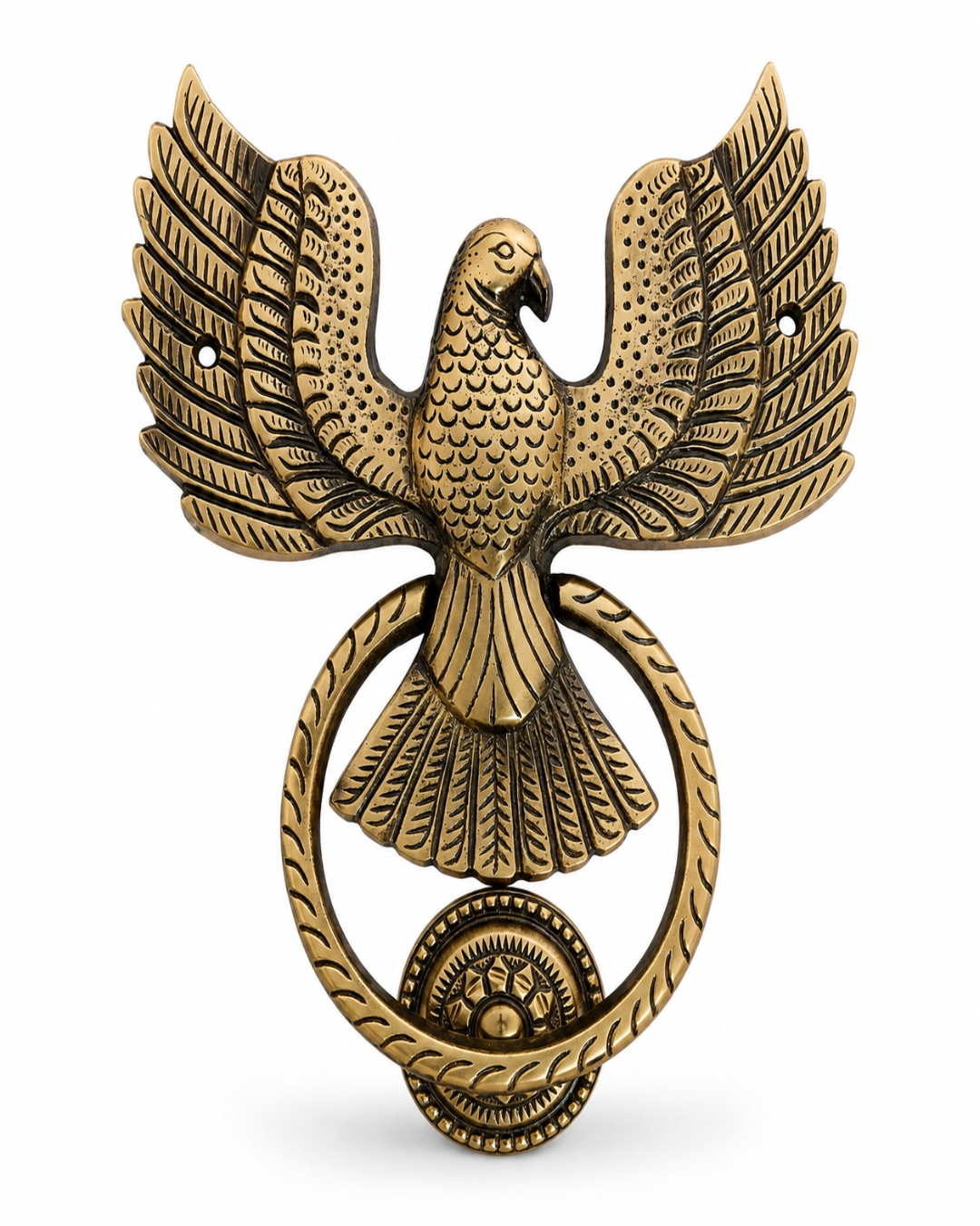 An antique bronze eagle emblem with wings spread, perched on a circular wreath with a small medallion at the base, shown on a plain white background.