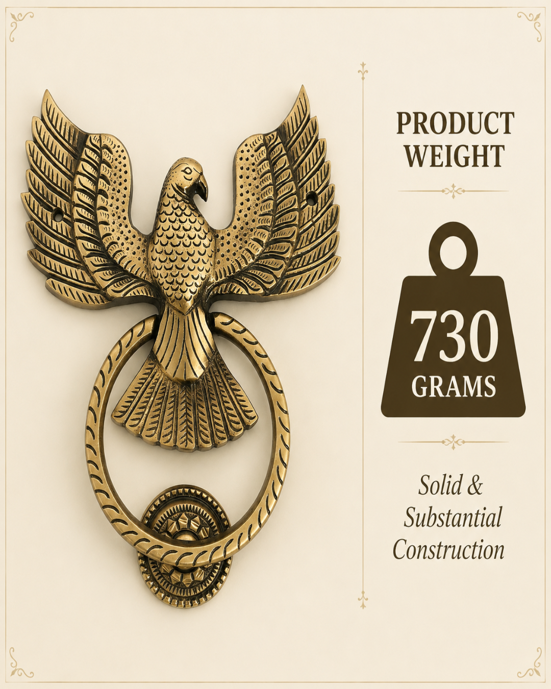 An ornate antique-style brass eagle door knocker with a rope ring, shown on a beige background with product weight and construction text on the right.