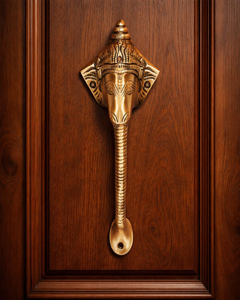 Antique Ganesha Brass Door Handle with Brown Crown – Vintage Indian Design