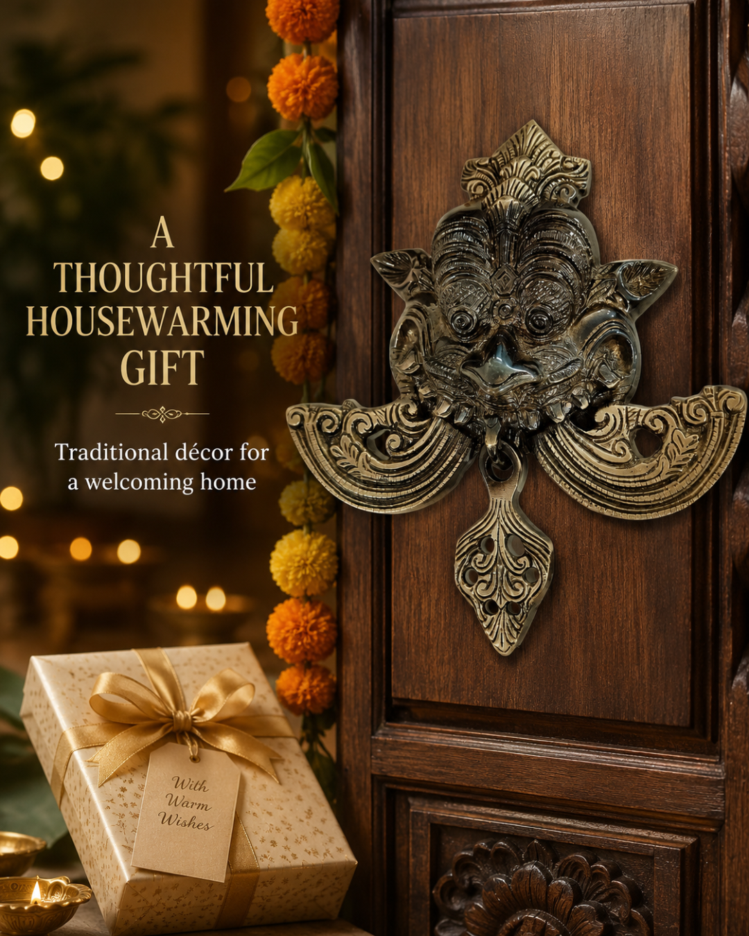 A styled holiday gift scene showing a wrapped beige gift box with a gold ribbon and tag beside an ornate bronze door knocker on a dark wooden door, with warm bokeh lights and marigold garlands in the background. Text on the left reads, 'A THOUGHTFUL HOUSEWARMING GIFT' and 'Traditional decor for a welcoming home.