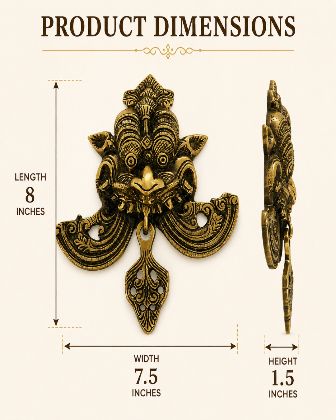 Product dimensions diagram showing an ornate antique-style metal decorative piece from front and side views, with labeled measurements for length 8 inches, width 7.5 inches, and height 1.