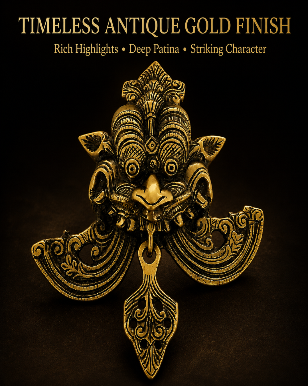 An ornate antique gold metal lion head door knocker with intricate scrollwork and a hanging bell, set against a dark black background with gold text reading 'TIMELESS ANTIQUE GOLD FINISH' and 'Rich Highlights • Deep Patina • Striking Character'.