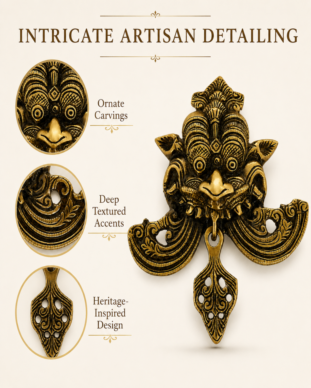 An ornate antique gold-toned metal pendant or wall hanging with intricate carved details, shown on a light beige background with three circular detail callouts and the text 'INTRICATE ARTISAN DETAILING.'.