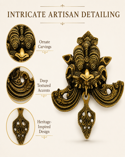 An ornate antique gold-toned metal pendant or wall hanging with intricate carved details, shown on a light beige background with three circular detail callouts and the text 'INTRICATE ARTISAN DETAILING.'.
