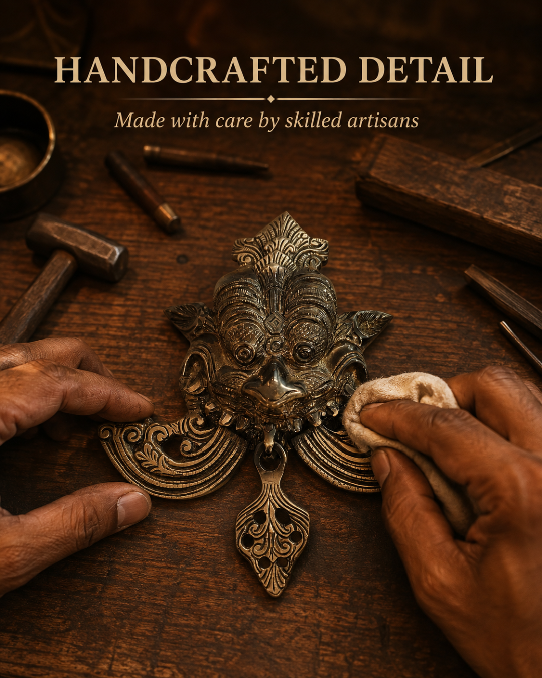 A close-up of ornate handcrafted metal wall art or decor piece with carved details, being wiped with a cloth by two hands on a rustic wooden table. Text at the top reads 'HANDCRAFTED DETAIL' and 'Made with care by skilled artisans.