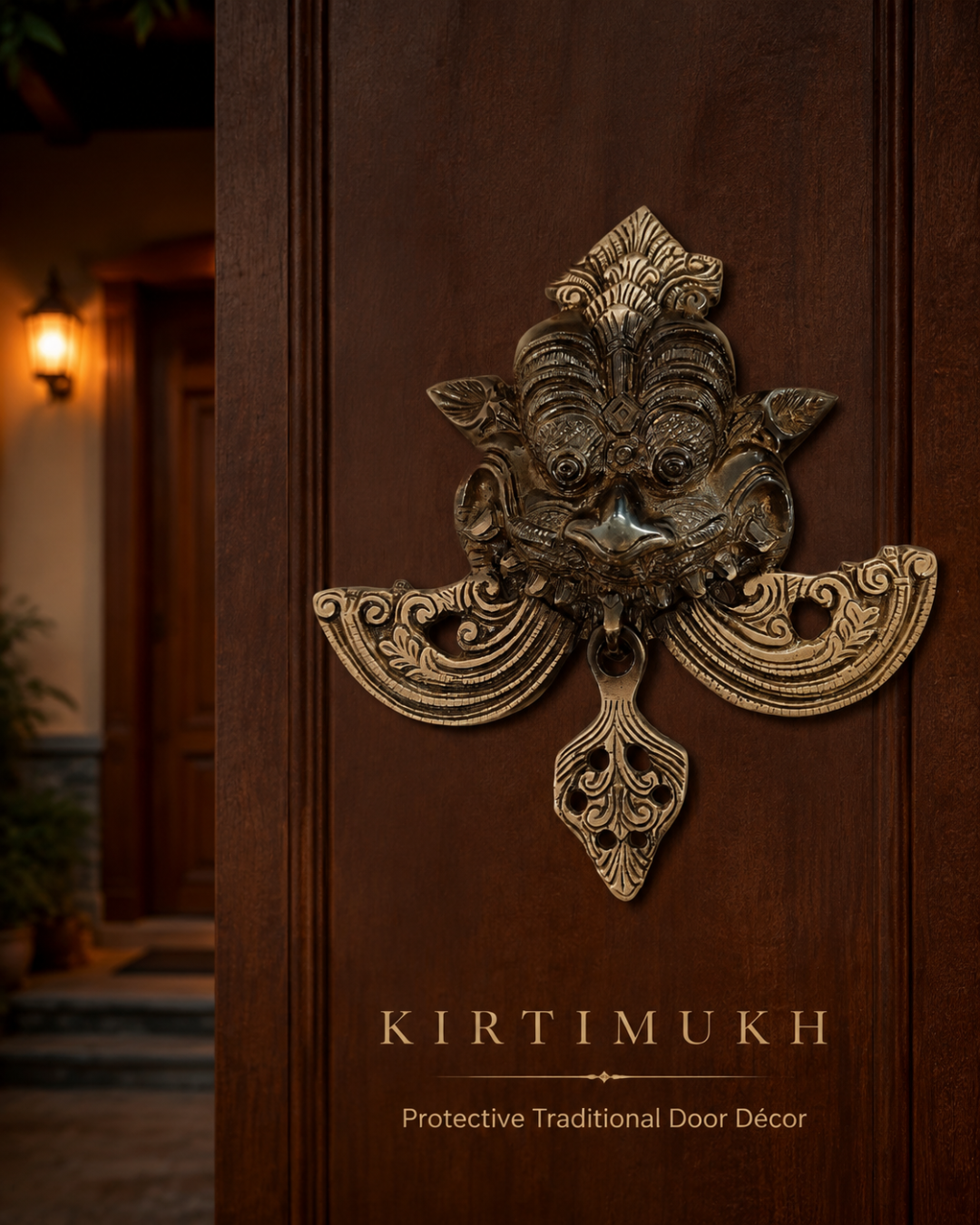 An ornate bronze Kirtimukh traditional door decor piece mounted on a dark brown wooden door, with the brand name 'KIRTIMUKH' and the tagline 'Protective Traditional Door Décor' printed below on the door.