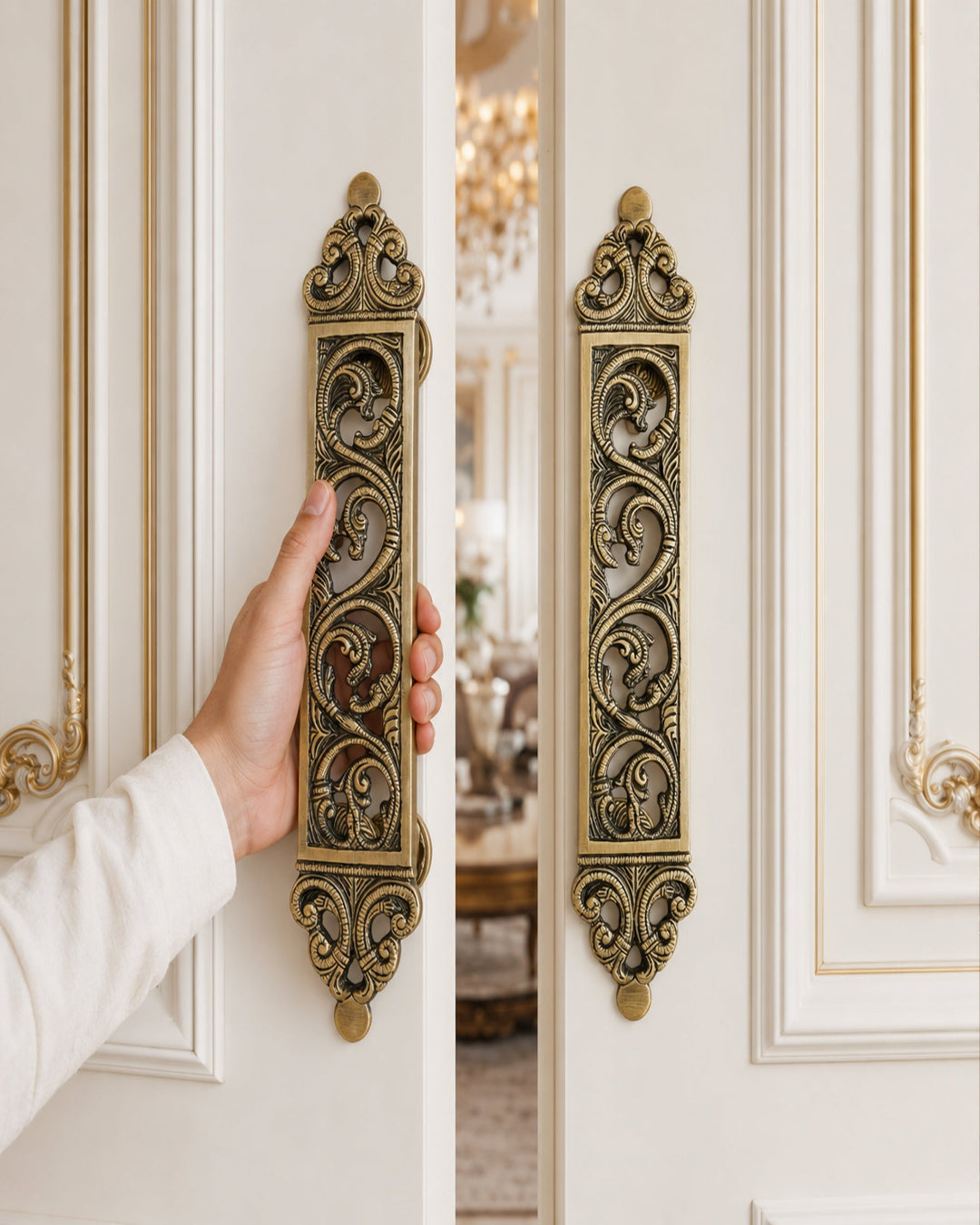 Decorative brass door handles on a white door with a hand opening it.
